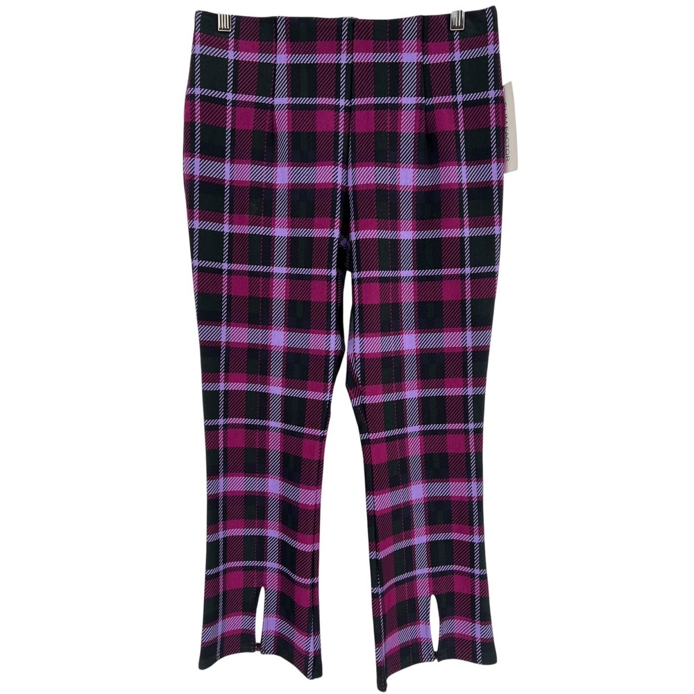 Slim Factor Kick Flare Pants Womens M Purple Plaid Stretch Vented Hem New